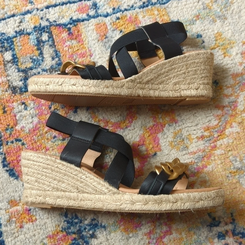 Maypol Leather Chunky Chain Strappy Open Toe Espadrille Wedge Sandals Black 40